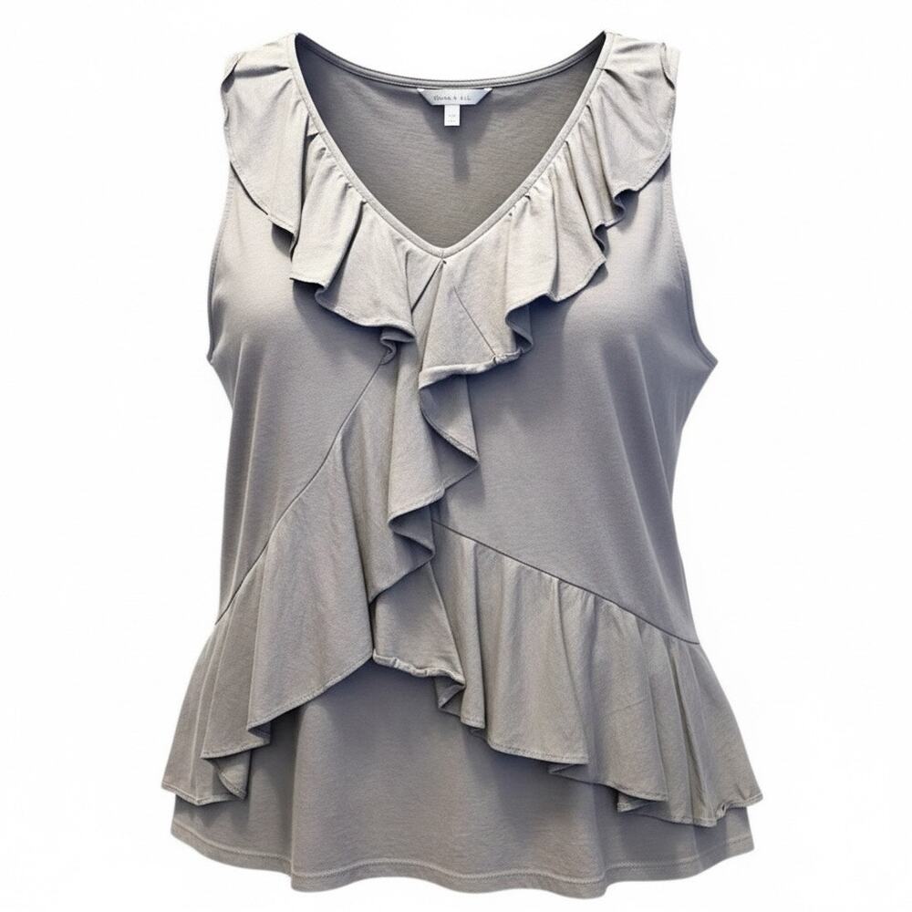 Garnet Hill Pima Cotton Ruffle Front V-Neck Tank Top Blouse Gray Women XL